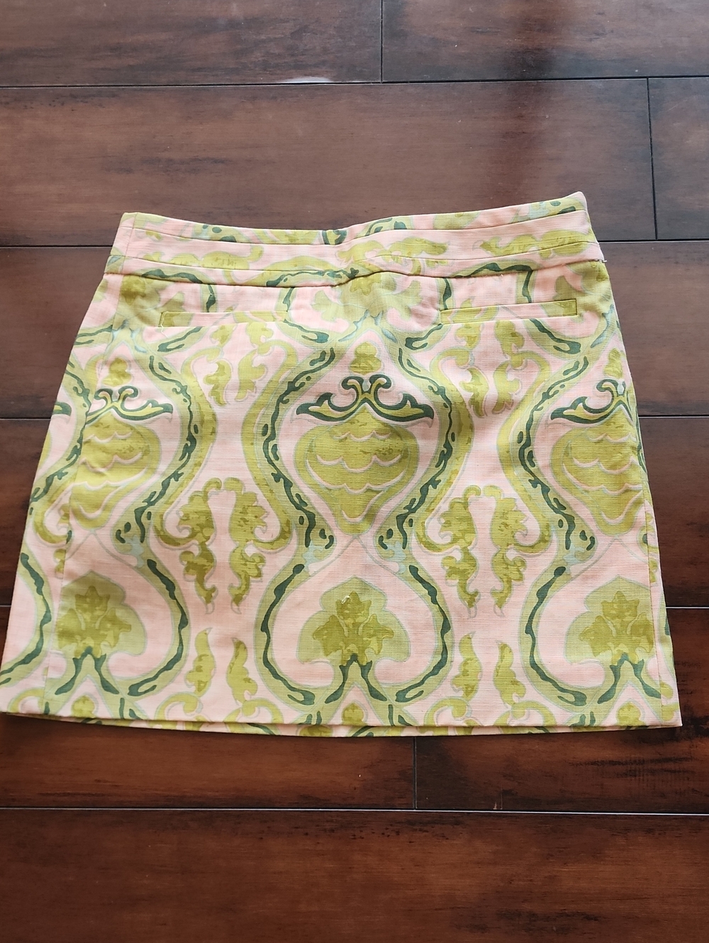 J. Crew Pink Mini Skirt with Green Scroll Motif